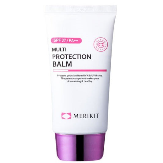 Merikit Multi Protection Balm SPF 37 PA++ in a white tube with a pink cap.