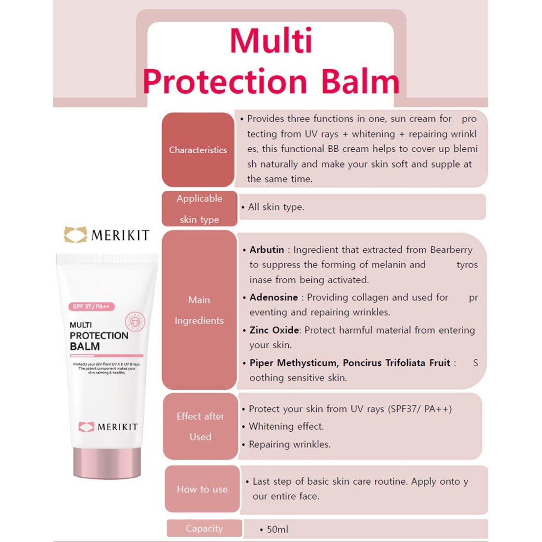 White and pink tube of Merikit Multi Protection Balm with SPF 37 PA++.