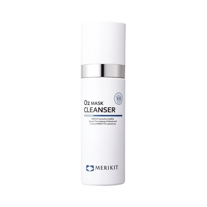 White MERIKIT O2 Mask Cleanser bottle with a silver band.