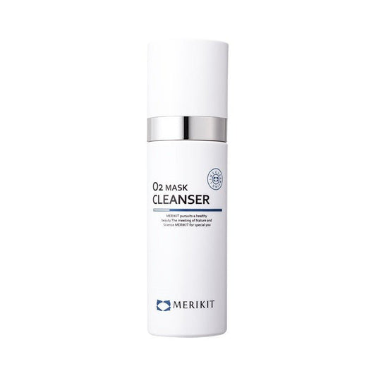 White MERIKIT O2 Mask Cleanser bottle with a silver band.