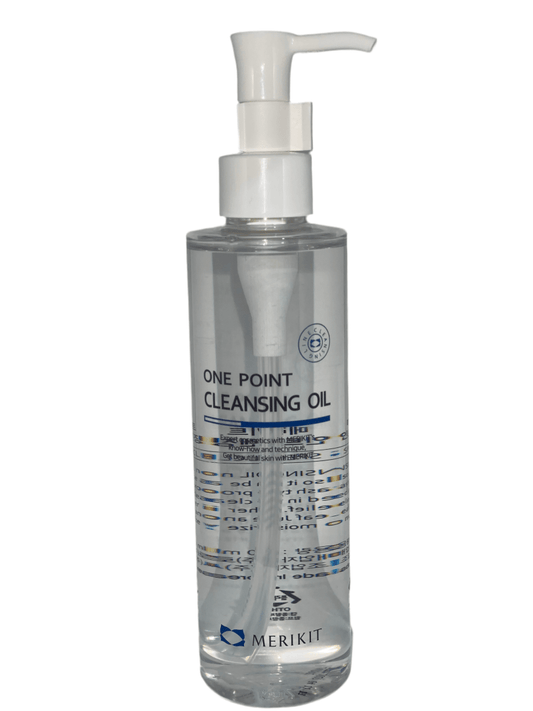A clear bottle of MERIKIT One Point Cleansing Oil with a white pump dispenser.