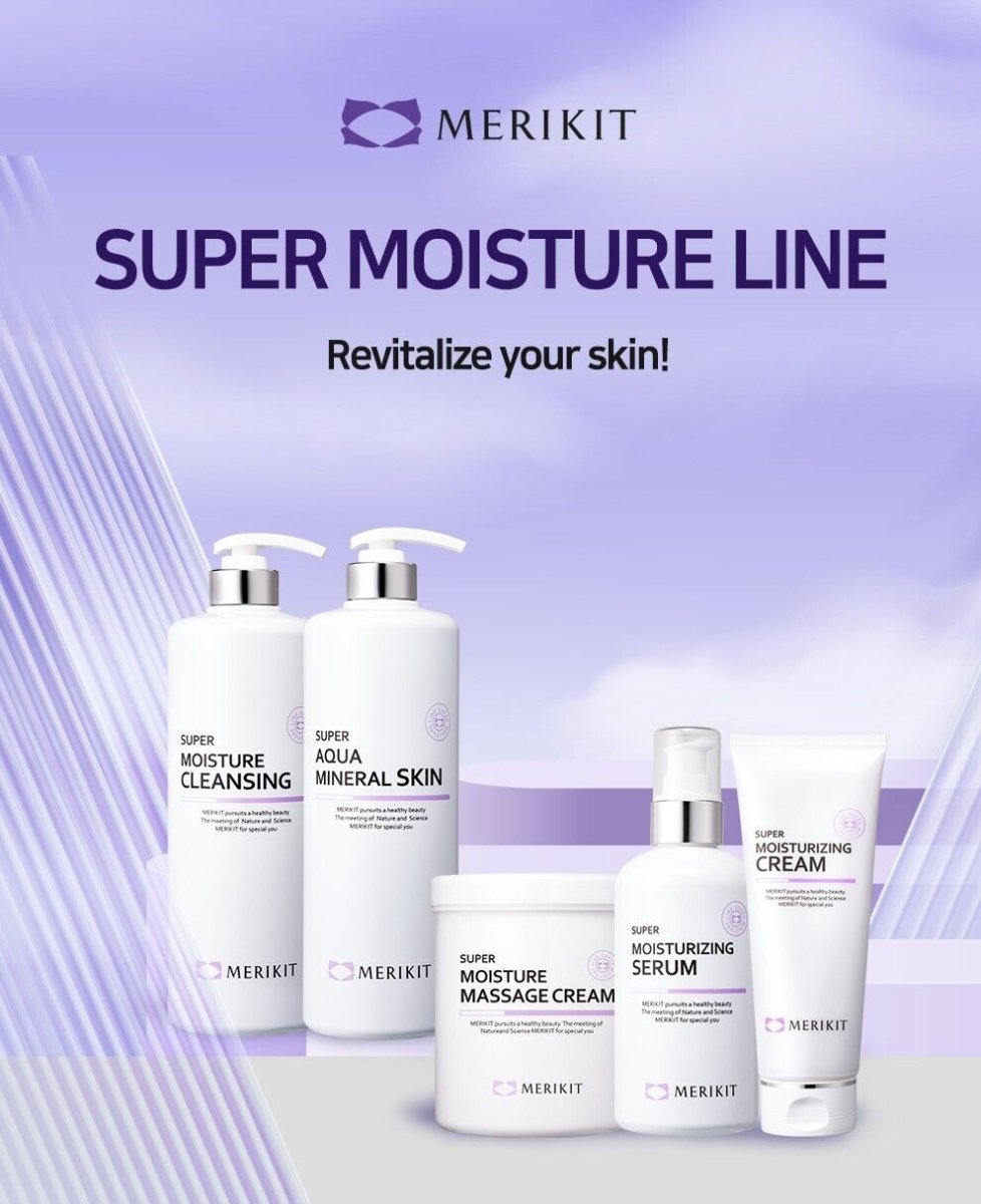 A collection of MERIKIT Super Moisture Line skincare products in white bottles and tubes.