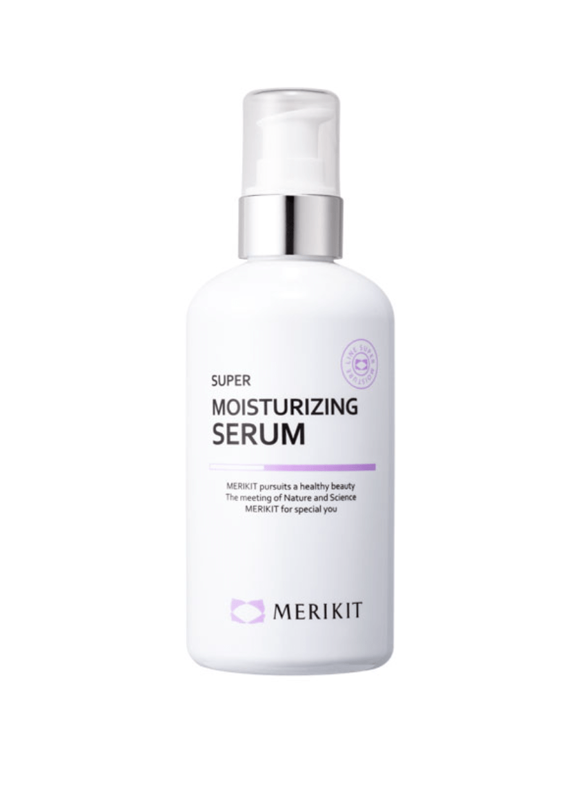 MERIKIT Super Moisturizing Serum in a white bottle with a silver pump.