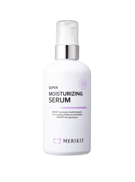 MERIKIT Super Moisturizing Serum in a white bottle with a silver pump.