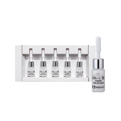 Five small white vials of MERIKIT Vita-C 13 Powder Tone up Cream in a white box.