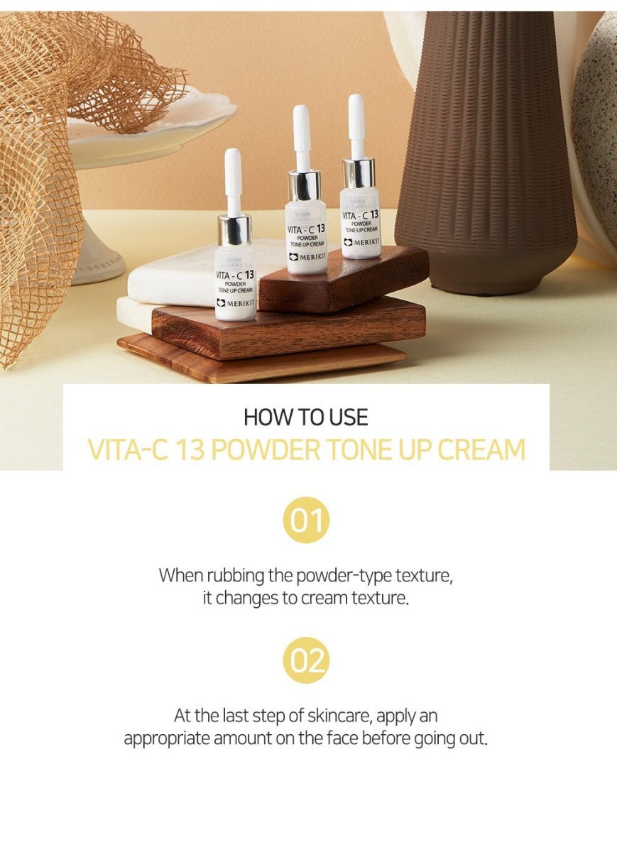 Three small white bottles of MERIKIT Vita-C 13 Powder Tone Up Cream.
