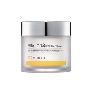 A frosted glass jar of MERIKIT Vita-C 13 Return Cream with a silver lid.