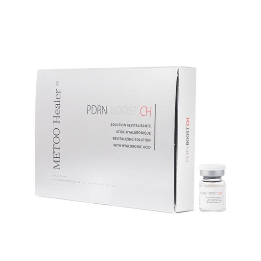 A white box of Metoo Healer PDRN Boost CH vials with one vial standing next to it.