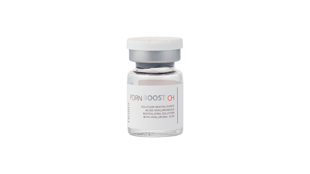 A clear vial of Metoo Healer PDRN Boost CH with a white and silver cap.