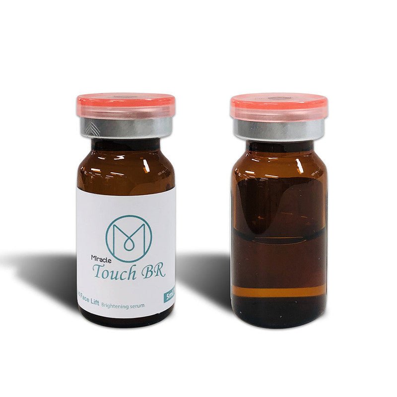 Two brown glass vials with orange caps, one labeled "Miracle Touch BR".