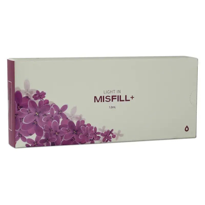 A white box with purple flowers and "LIGHT IN MISFILL+" printed on it.
