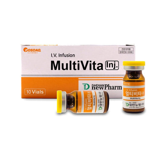 A box of MultiVita Inj. with 10 vials, two vials shown in front.