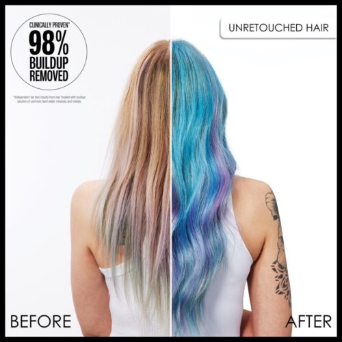 A split image shows a person's hair before and after a chelating treatment.