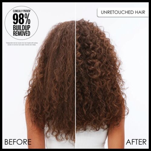 Before and after image of curly hair showing reduced frizz and enhanced curl definition.
