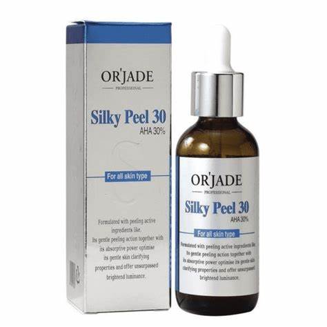 OR`JADE Silky Peel 30 AHA 30% serum and its silver and blue box are shown.