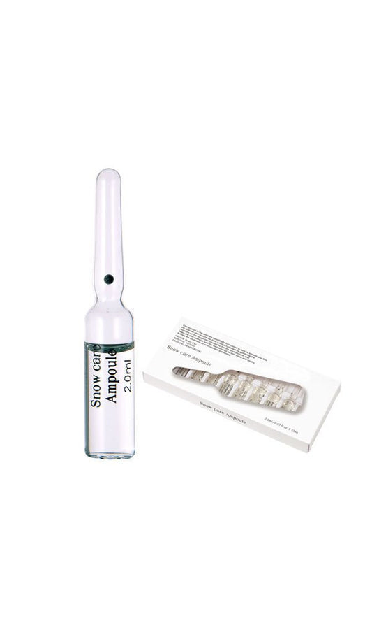 A single ampoule of Snow Care Ampoule and a box containing ten ampoules.