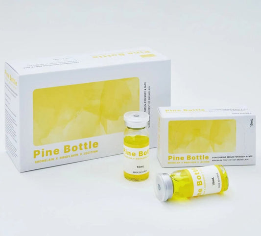 Two white boxes of Pine Bottle serum, one standing and one lying down, are displayed.