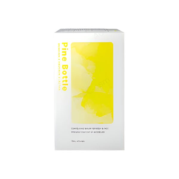 White box of Pine Bottle contouring serum with a yellow abstract design.