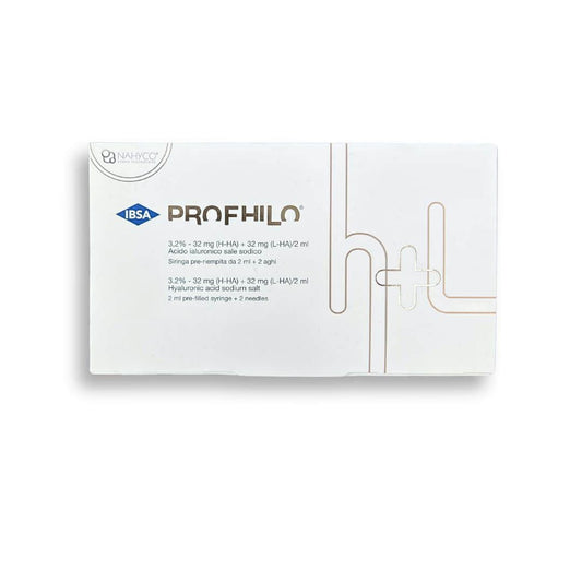 White box of Profhilo H+L 2ml with text in Italian and English, and a stylized logo.