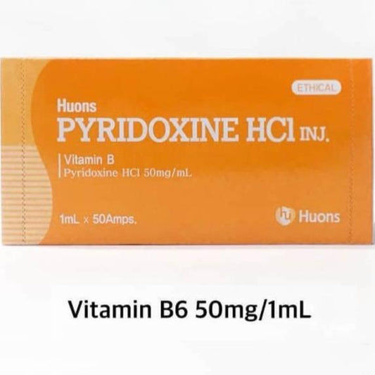 Orange box of Huons Pyridoxine HCl Inj., Vitamin B6 50mg/mL, 1mL x 50 Amps.