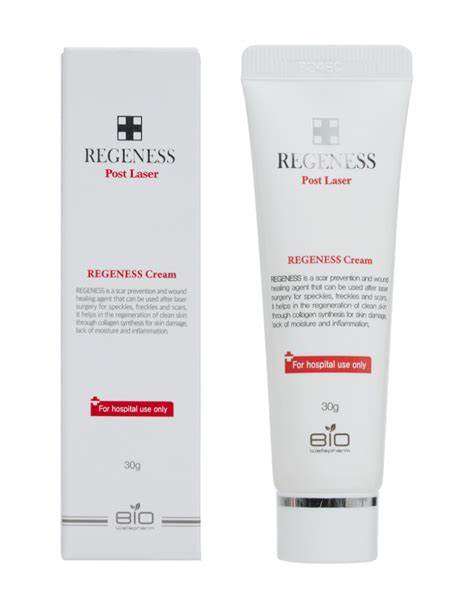 A white tube of Regeness Post Laser cream and its matching box.