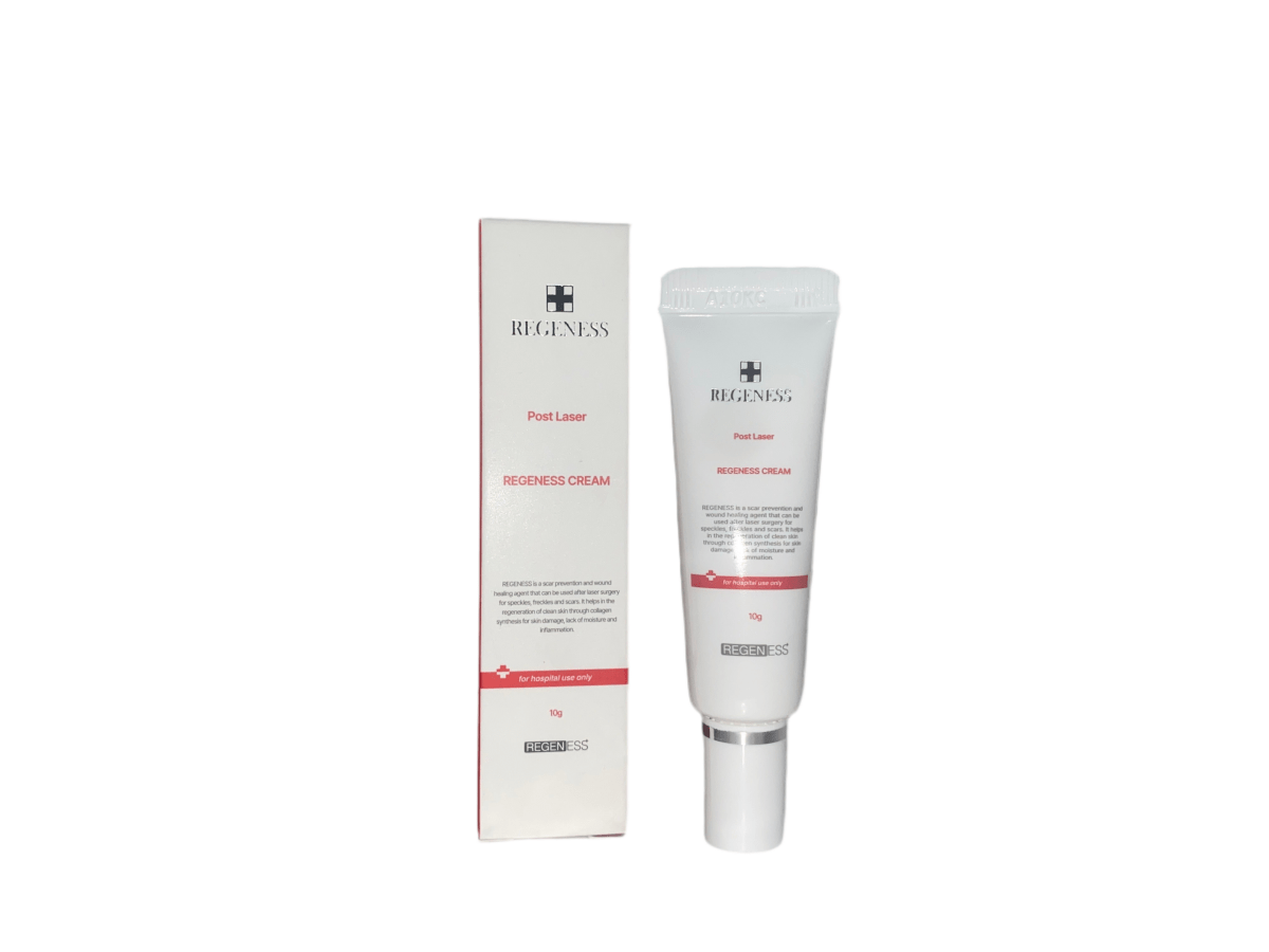 A white tube and box of Regeness Post Laser cream are displayed.