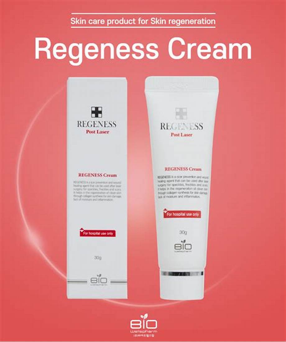 Two white tubes of Regeness Post Laser cream are displayed against a red background.