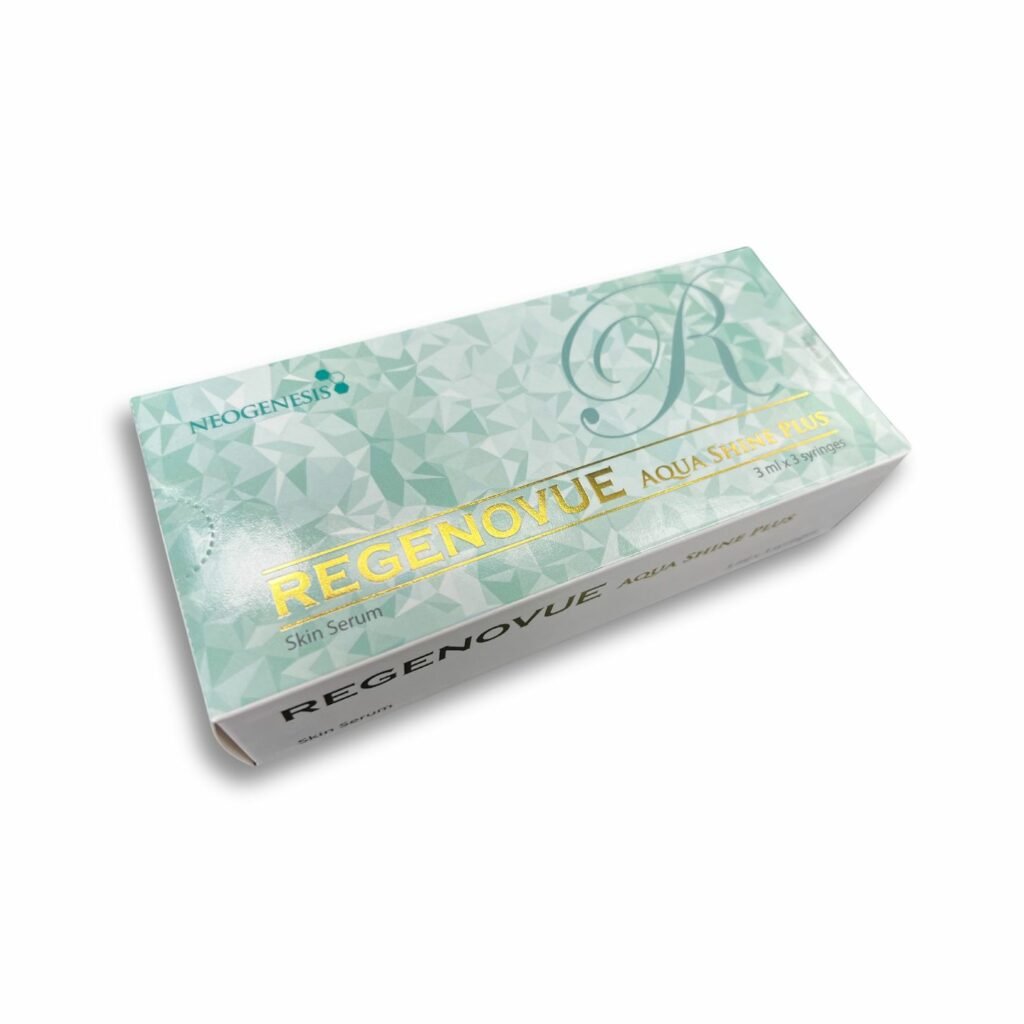 A white and teal box of Regenovue Aqua Shine Plus skin serum.