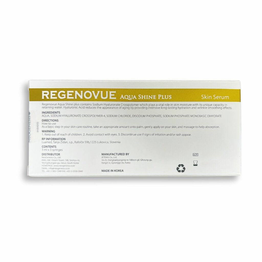 A white box for Regenovue Aqua Shine Plus Skin Serum with product details in black text.