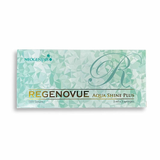 A rectangular box for Regenovue Aqua Shine Plus skin serum, featuring a teal geometric pattern.