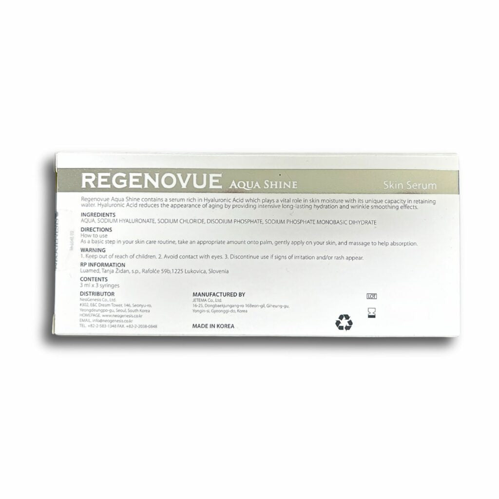 Regenovue Aqua Shine skin serum box with product details and manufacturing information.