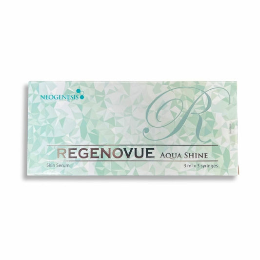 Regenovue Aquashine skin serum box with "NEOGENESIS" logo and "3 ml x 3 syringes".