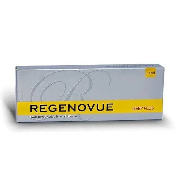Regenovue Deep Plus hyaluronic acid gel with lidocaine, 1.1ml, in a silver and yellow box.