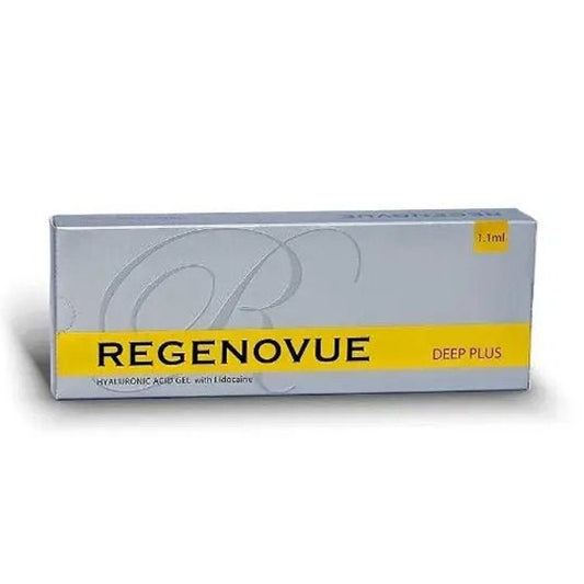 Regenovue Deep Plus hyaluronic acid gel with lidocaine, 1.1ml, in a silver and yellow box.