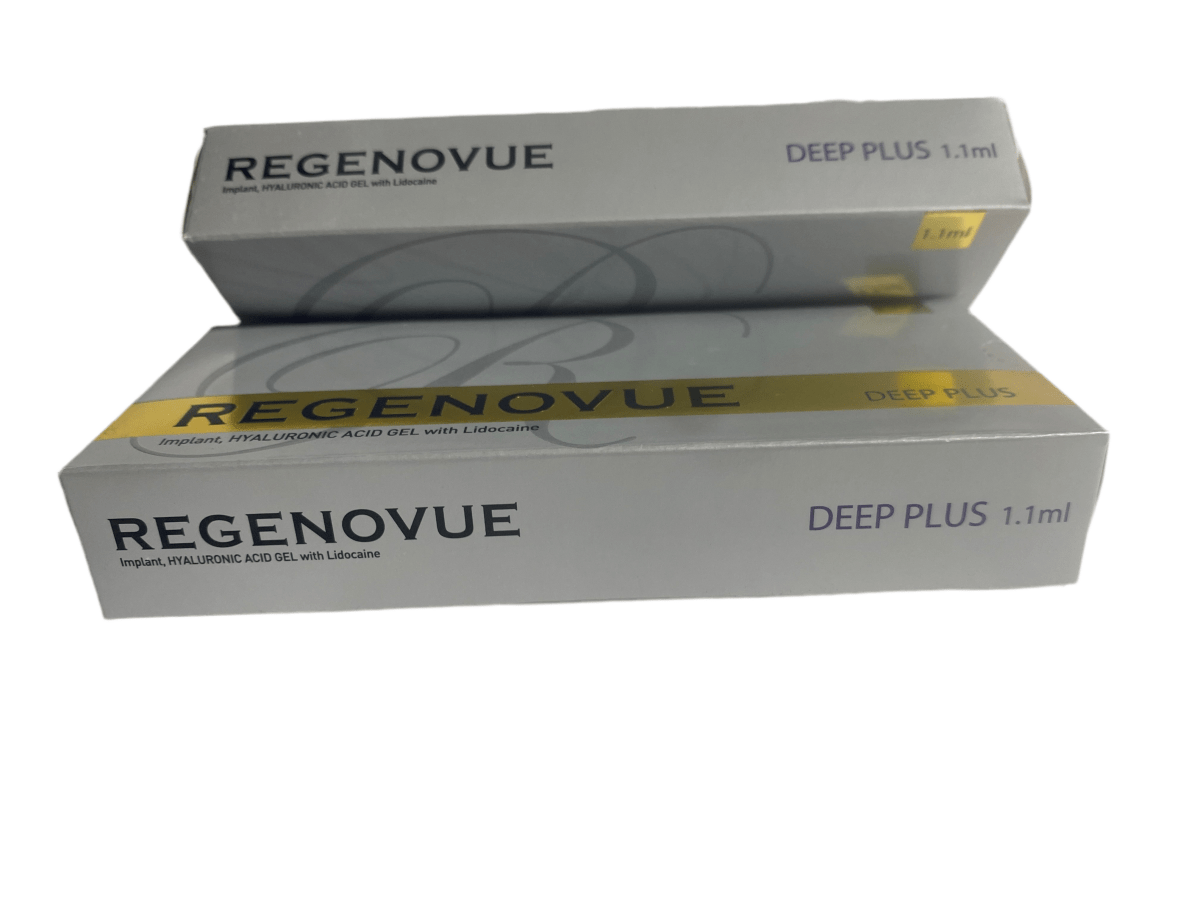 Two gray boxes of Regenovue Deep Plus 1.1ml, with one box stacked on top of the other.