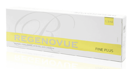 White box of Regenovue Fine Plus, 1.1ml, with a yellow band and text.