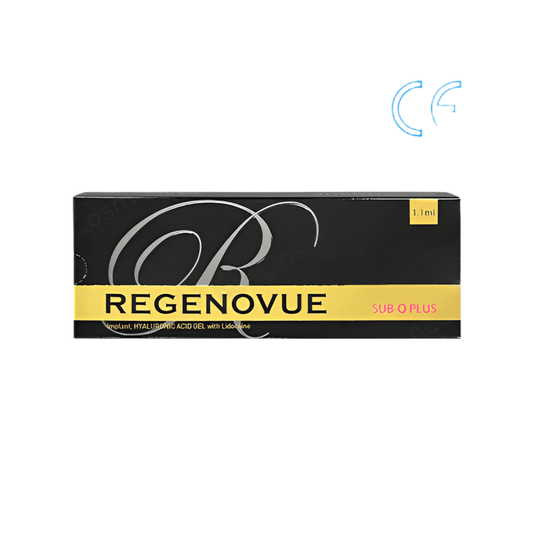 Black and yellow box of Regenovue Sub-Q Plus, 1.1ml, with a CE mark.