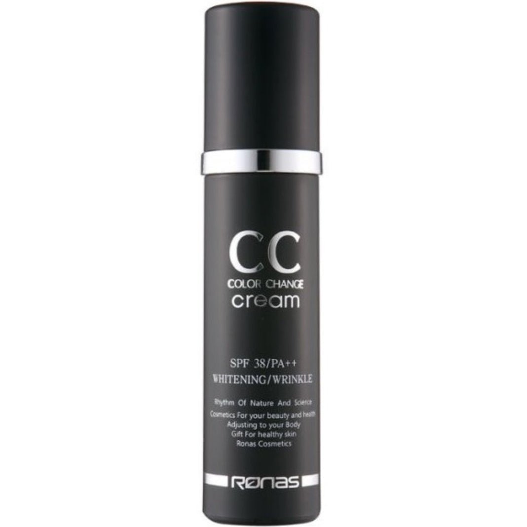 A black CC cream bottle with a silver band and white text.