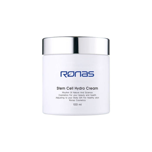 A white jar of RONAS Stem Cell Hydro Cream with a silver lid.
