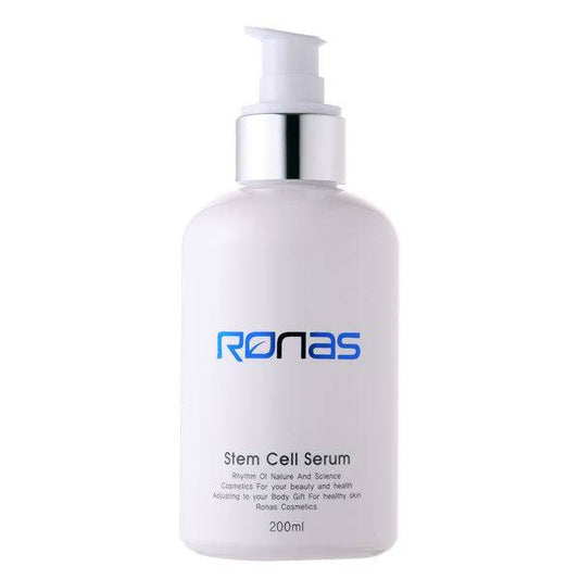 A white bottle of RONAS Stem Cell Serum with a silver and white pump dispenser.