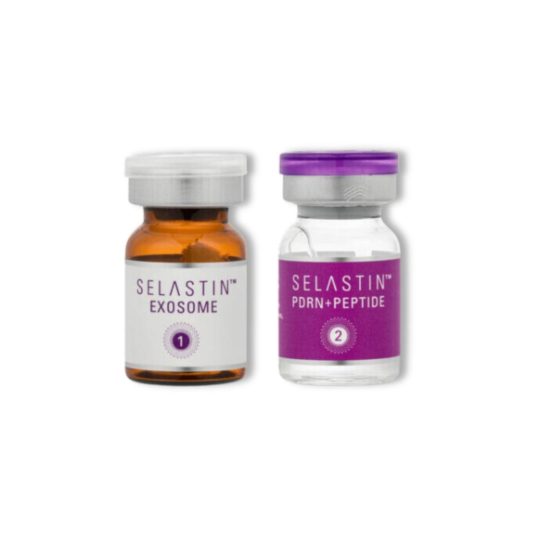 Two vials of Selastin Exo Plus, one labeled "EXOSOME" and the other "PDRN+PEPTIDE."