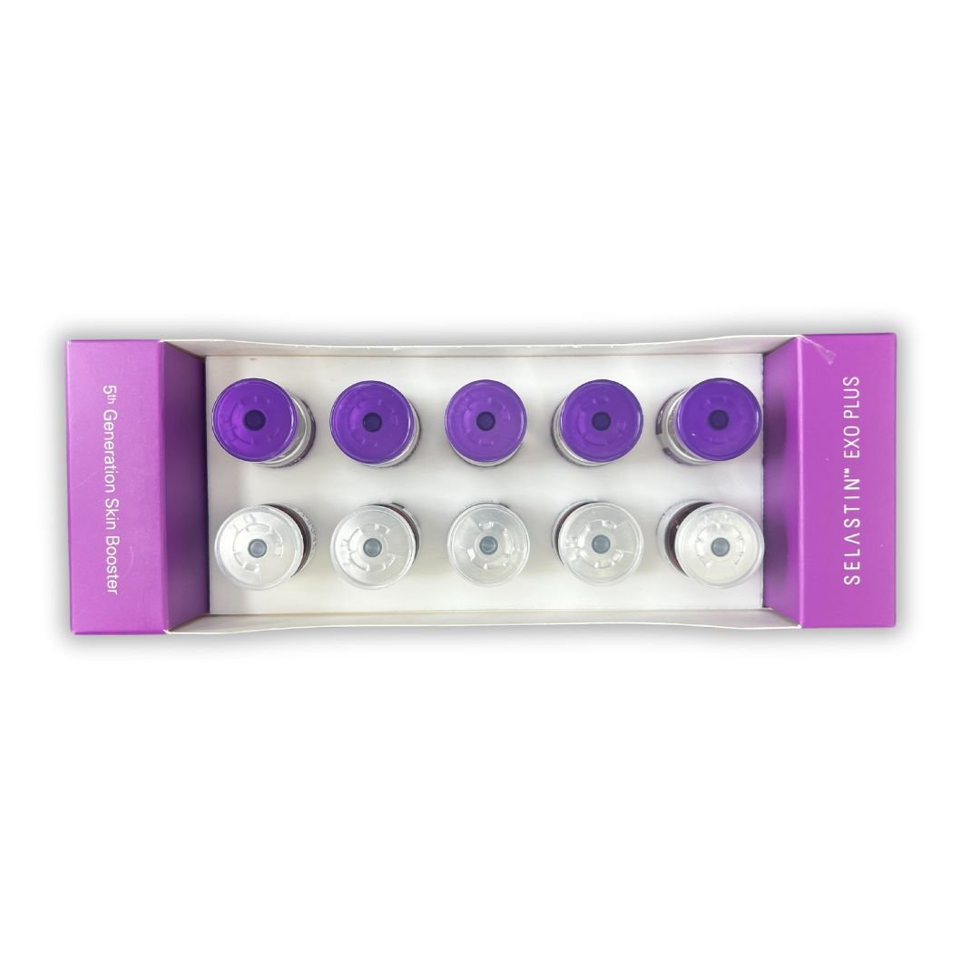 A white box contains six purple-capped and six white-capped vials.