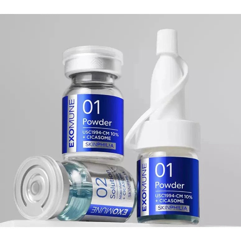 Four vials of Skinphilia Exomune Exosome Skin Booster, two with powder and two with solution.