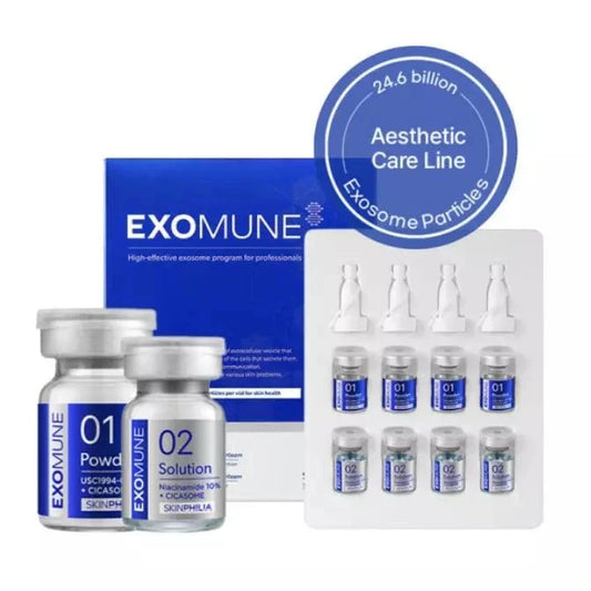 A blue box and white tray hold vials of Exomune exosome skin booster, with a circular label.