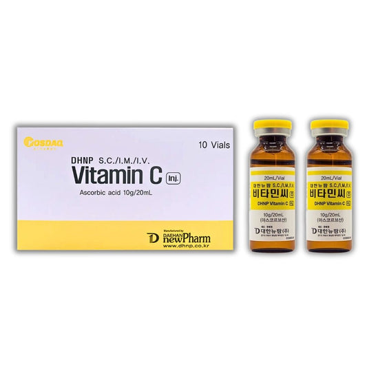 A box of DHNP Vitamin C 10g/20mL with two vials of the solution.