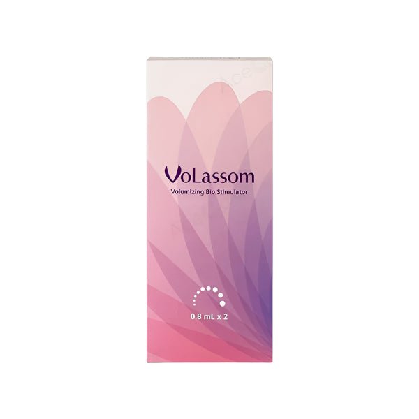 A white and pink box for Volassom Volumizing Bio Stimulator, 0.8 mL x 2.